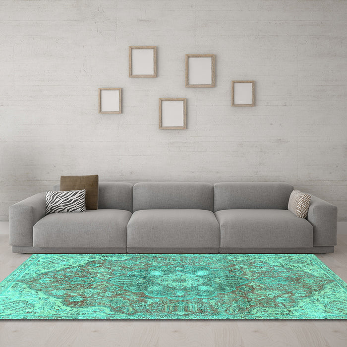 Machine Washable Medallion Turquoise Traditional Area Rugs in a Living Room,, wshtr4504turq