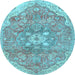 Round Machine Washable Medallion Light Blue Traditional Rug, wshtr4504lblu