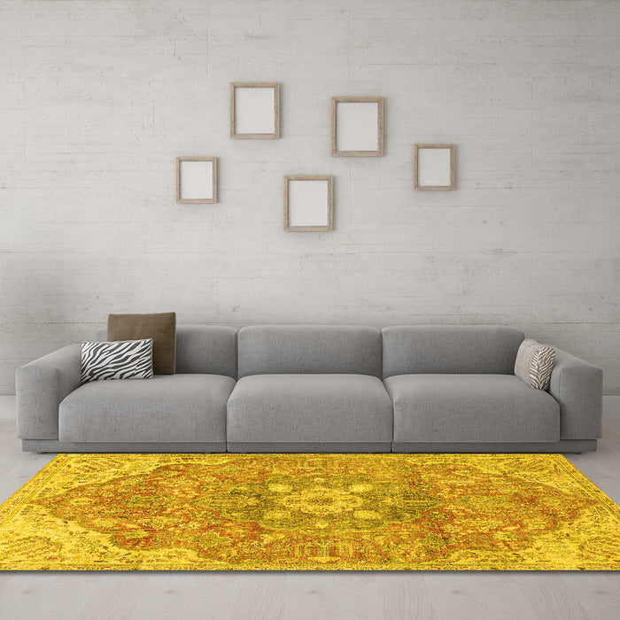Machine Washable Medallion Yellow Traditional Rug in a Living Room, wshtr4504yw