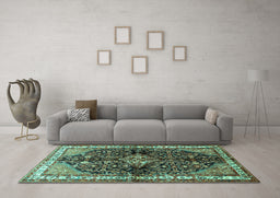 Machine Washable Persian Turquoise Traditional Area Rugs in a Living Room,, wshtr450turq