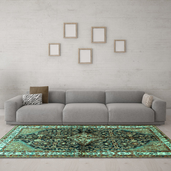 Machine Washable Persian Turquoise Traditional Area Rugs in a Living Room,, wshtr450turq