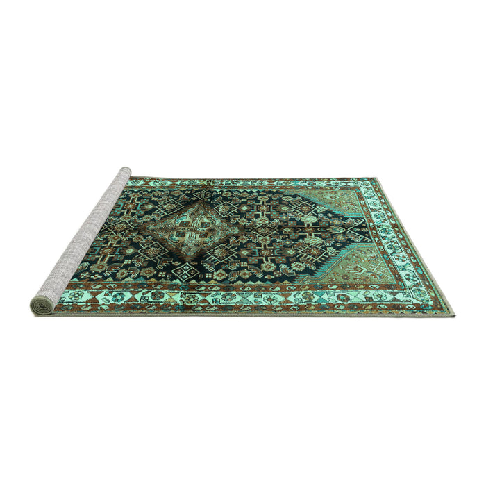Sideview of Machine Washable Persian Turquoise Traditional Area Rugs, wshtr450turq