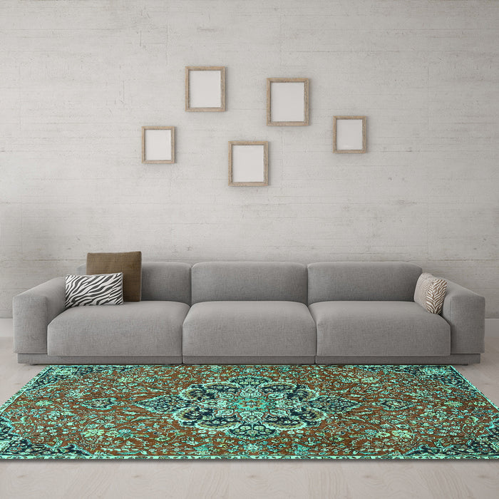Machine Washable Medallion Turquoise Traditional Area Rugs in a Living Room,, wshtr4510turq