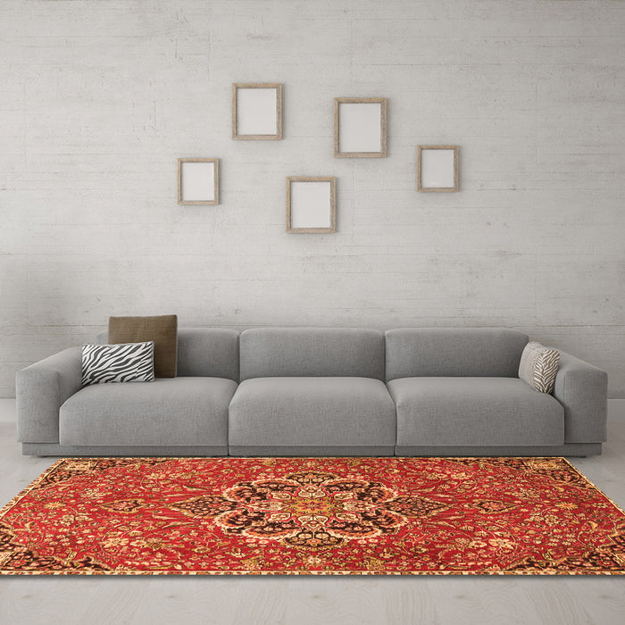 Machine Washable Medallion Orange Traditional Area Rugs in a Living Room, wshtr4510org