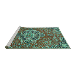 Sideview of Machine Washable Medallion Turquoise Traditional Area Rugs, wshtr4510turq