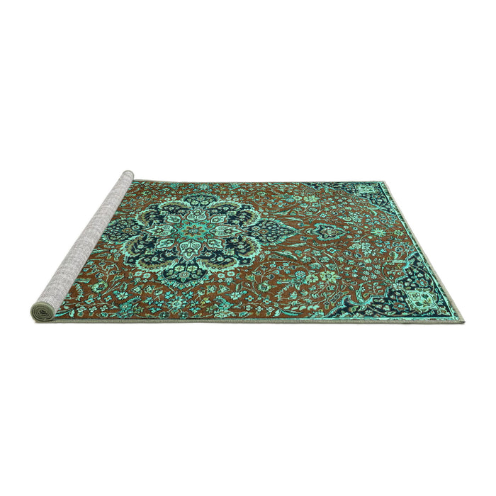 Sideview of Machine Washable Medallion Turquoise Traditional Area Rugs, wshtr4510turq