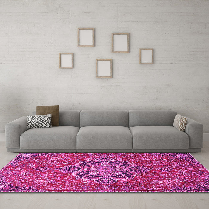 Machine Washable Medallion Pink Traditional Rug in a Living Room, wshtr4510pnk