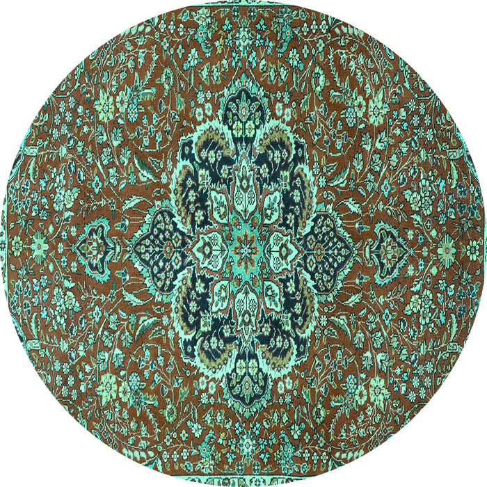 Round Machine Washable Medallion Turquoise Traditional Area Rugs, wshtr4510turq