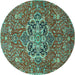 Round Machine Washable Medallion Turquoise Traditional Area Rugs, wshtr4510turq