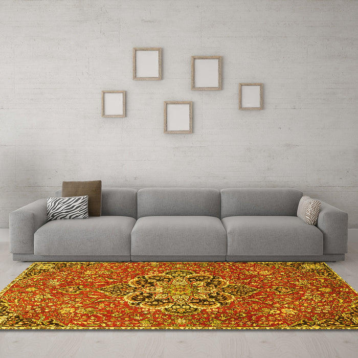 Machine Washable Medallion Yellow Traditional Rug in a Living Room, wshtr4510yw