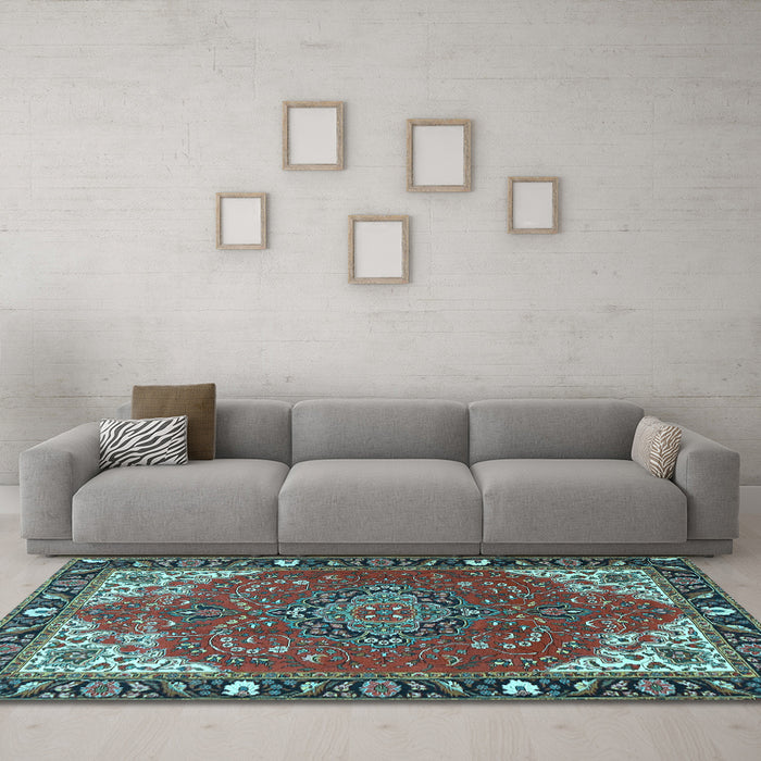 Machine Washable Medallion Light Blue Traditional Rug in a Living Room, wshtr4511lblu