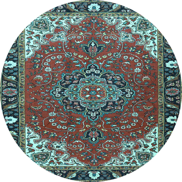 Round Machine Washable Medallion Light Blue Traditional Rug, wshtr4511lblu