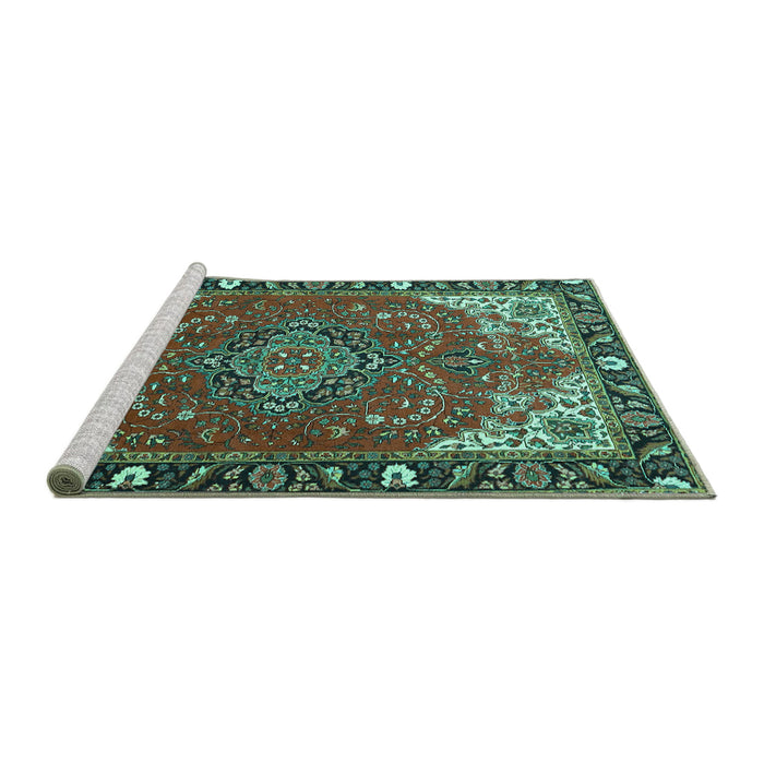 Sideview of Machine Washable Medallion Turquoise Traditional Area Rugs, wshtr4511turq