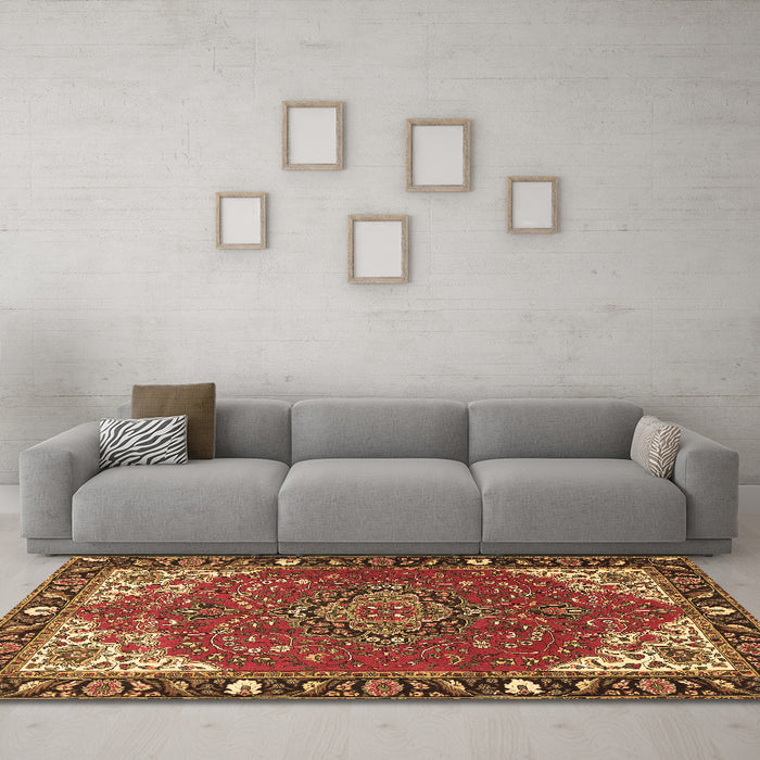 Machine Washable Medallion Brown Traditional Rug in a Living Room,, wshtr4511brn