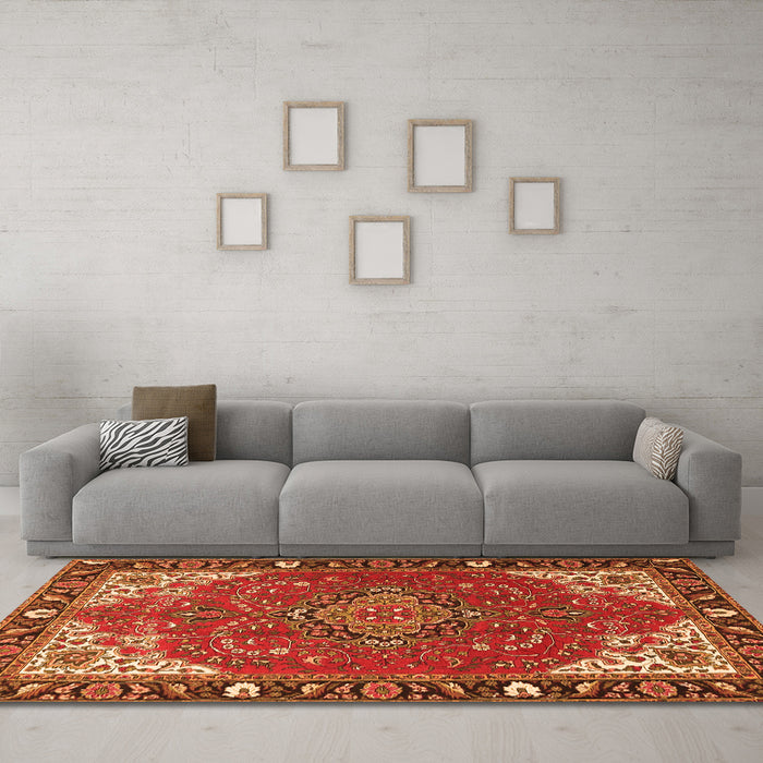 Machine Washable Medallion Orange Traditional Area Rugs in a Living Room, wshtr4511org