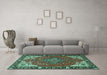 Machine Washable Medallion Turquoise Traditional Area Rugs in a Living Room,, wshtr4511turq