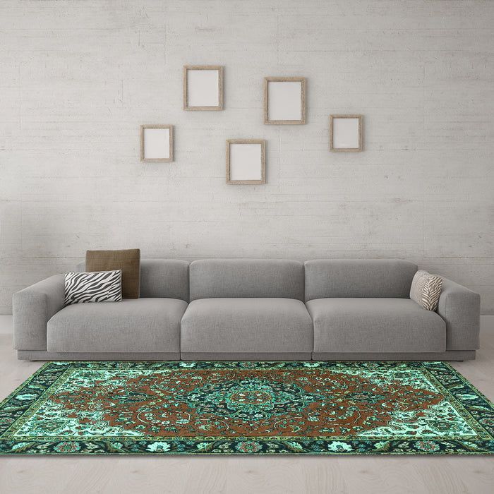 Machine Washable Medallion Turquoise Traditional Area Rugs in a Living Room,, wshtr4511turq