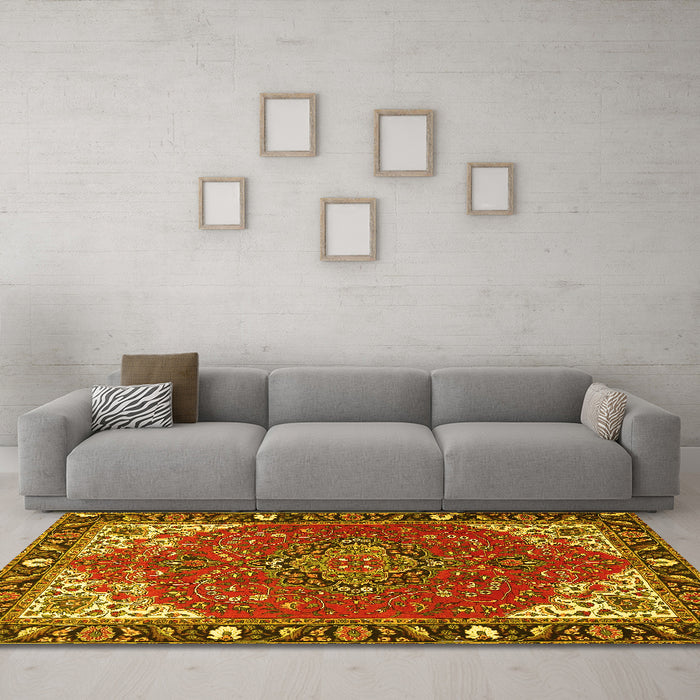 Machine Washable Medallion Yellow Traditional Rug in a Living Room, wshtr4511yw