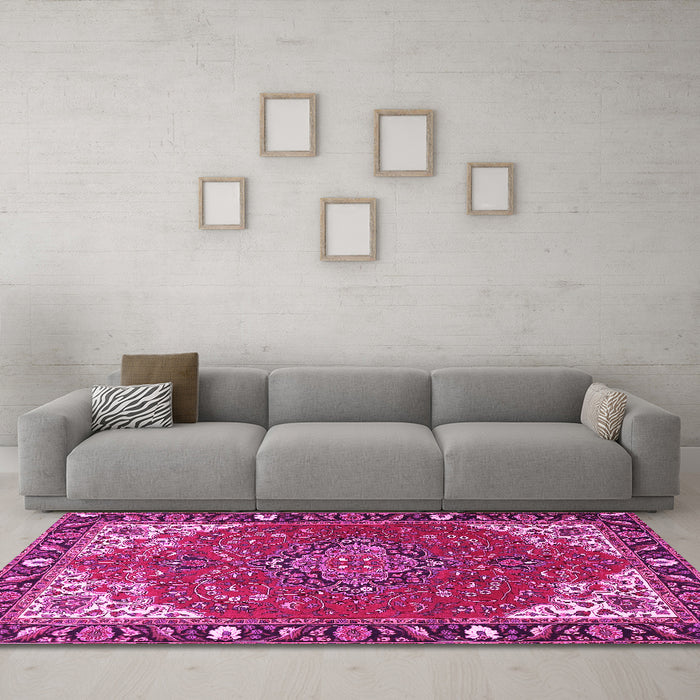 Machine Washable Medallion Pink Traditional Rug in a Living Room, wshtr4511pnk