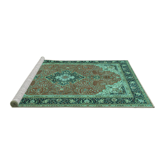Sideview of Machine Washable Medallion Turquoise Traditional Area Rugs, wshtr4512turq