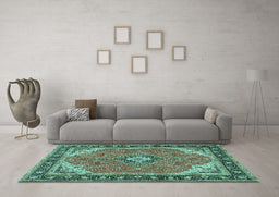 Machine Washable Medallion Turquoise Traditional Area Rugs in a Living Room,, wshtr4512turq