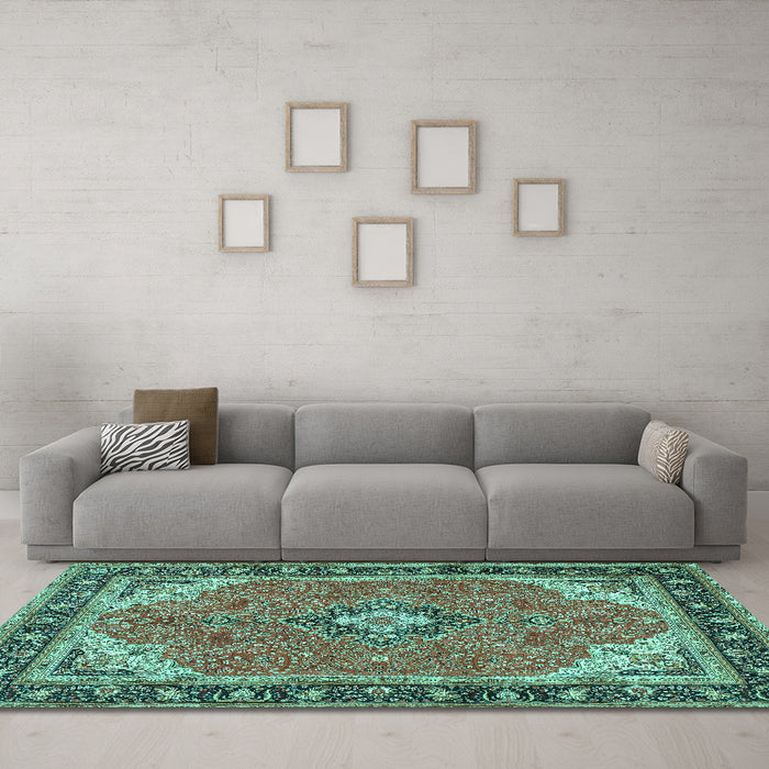 Machine Washable Medallion Turquoise Traditional Area Rugs in a Living Room,, wshtr4512turq