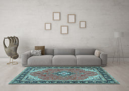 Machine Washable Medallion Light Blue Traditional Rug in a Living Room, wshtr4512lblu