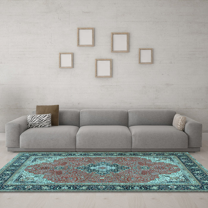 Machine Washable Medallion Light Blue Traditional Rug in a Living Room, wshtr4512lblu