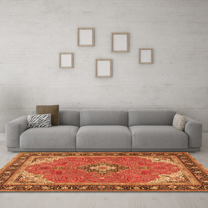 Machine Washable Medallion Orange Traditional Area Rugs in a Living Room, wshtr4512org