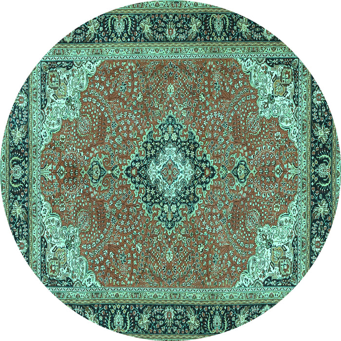 Round Machine Washable Medallion Turquoise Traditional Area Rugs, wshtr4512turq