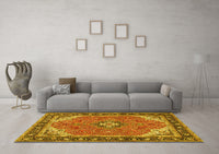 Machine Washable Medallion Yellow Traditional Rug, wshtr4512yw