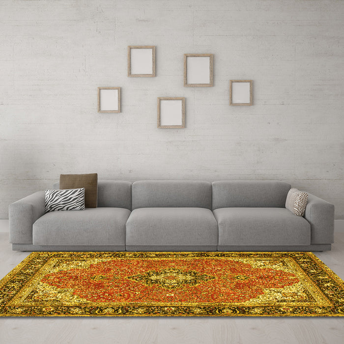 Machine Washable Medallion Yellow Traditional Rug in a Living Room, wshtr4512yw