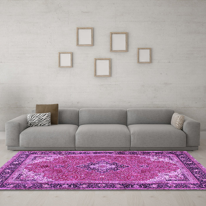 Machine Washable Medallion Purple Traditional Area Rugs in a Living Room, wshtr4512pur
