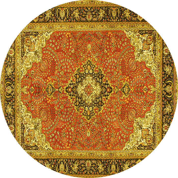 Round Machine Washable Medallion Yellow Traditional Rug, wshtr4512yw