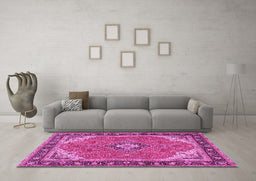 Machine Washable Medallion Pink Traditional Rug in a Living Room, wshtr4512pnk