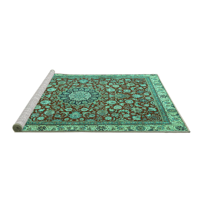 Sideview of Machine Washable Medallion Turquoise Traditional Area Rugs, wshtr4513turq