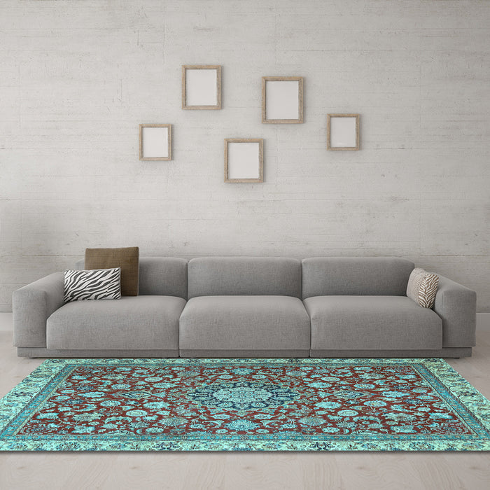 Machine Washable Medallion Light Blue Traditional Rug in a Living Room, wshtr4513lblu