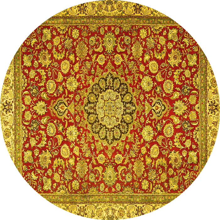 Round Machine Washable Medallion Yellow Traditional Rug, wshtr4513yw