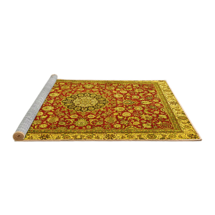 Sideview of Machine Washable Medallion Yellow Traditional Rug, wshtr4513yw