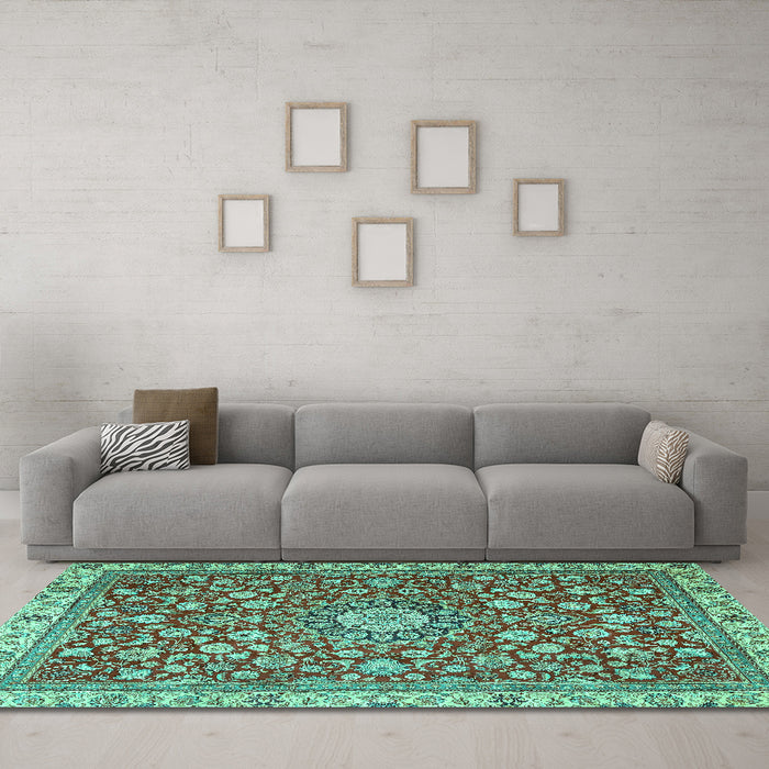 Machine Washable Medallion Turquoise Traditional Area Rugs in a Living Room,, wshtr4513turq