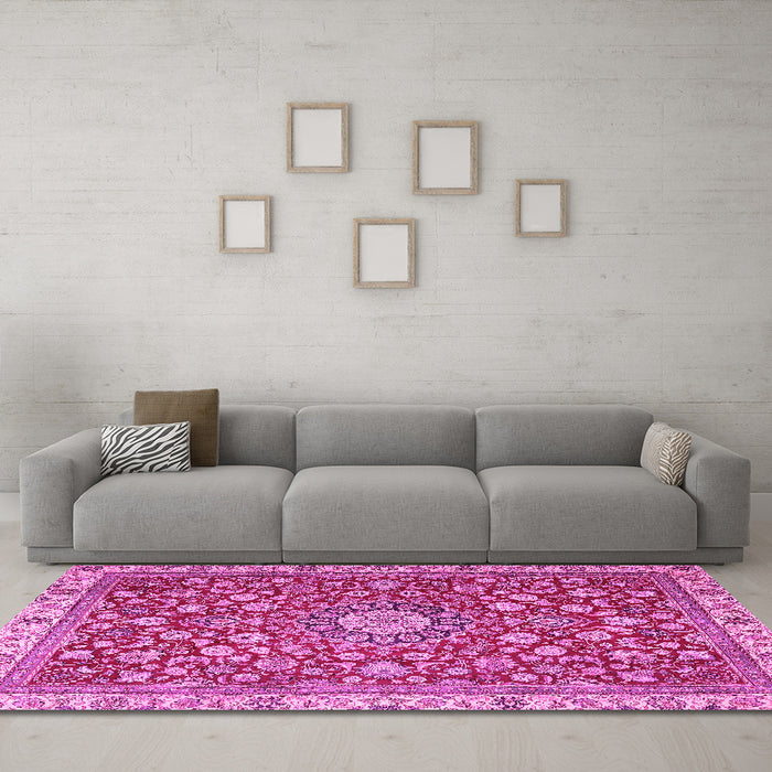 Machine Washable Medallion Pink Traditional Rug in a Living Room, wshtr4513pnk