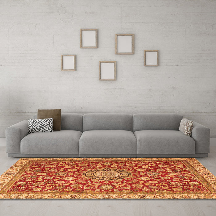 Machine Washable Medallion Orange Traditional Area Rugs in a Living Room, wshtr4513org
