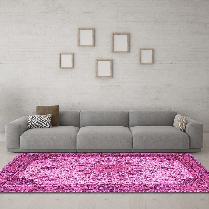 Machine Washable Persian Pink Traditional Rug in a Living Room, wshtr4514pnk