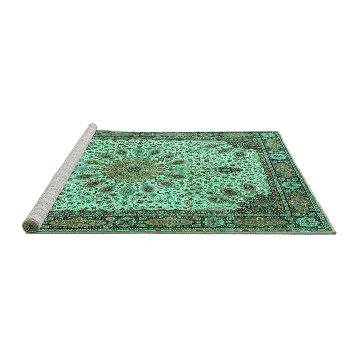 Sideview of Machine Washable Persian Turquoise Traditional Area Rugs, wshtr4514turq