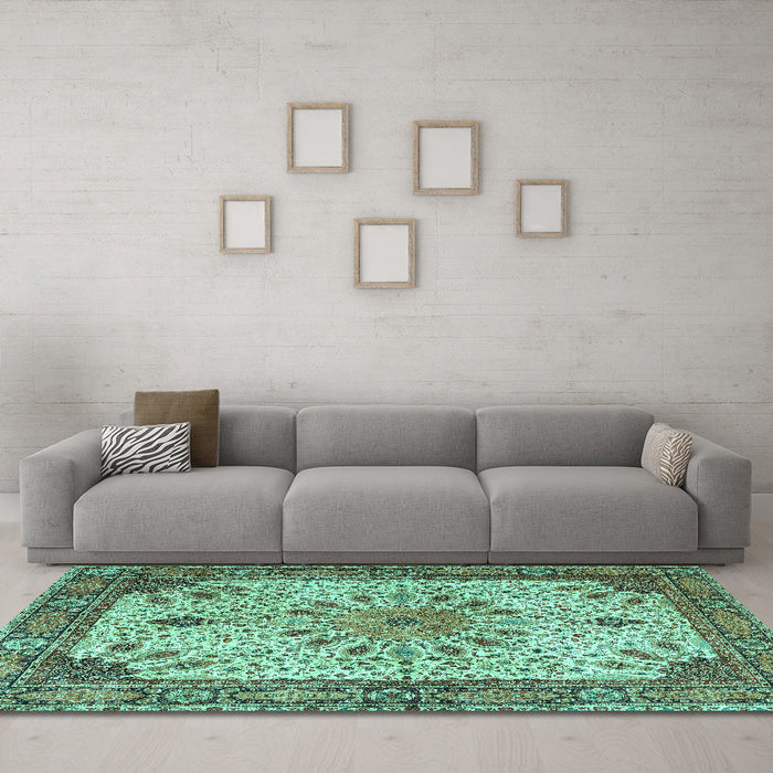 Machine Washable Persian Turquoise Traditional Area Rugs in a Living Room,, wshtr4514turq