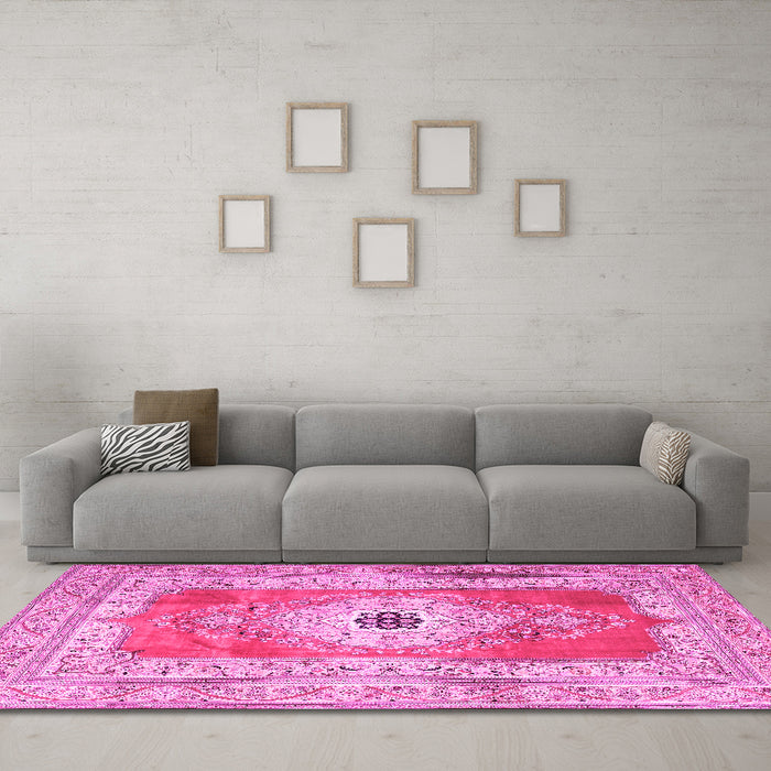 Machine Washable Persian Pink Traditional Rug in a Living Room, wshtr4515pnk