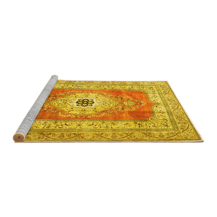 Sideview of Machine Washable Persian Yellow Traditional Rug, wshtr4515yw