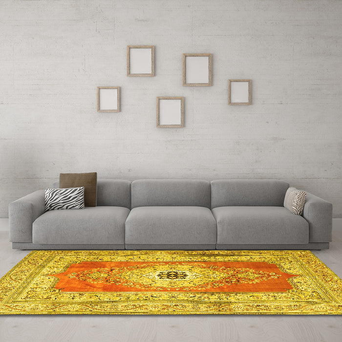 Machine Washable Persian Yellow Traditional Rug in a Living Room, wshtr4515yw