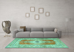 Machine Washable Persian Turquoise Traditional Area Rugs in a Living Room,, wshtr4515turq