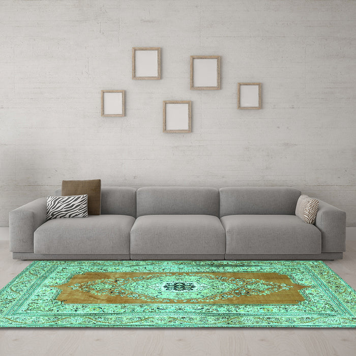 Machine Washable Persian Turquoise Traditional Area Rugs in a Living Room,, wshtr4515turq